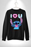Stitch'in Baloncuk Sevgisiyle Renkli Anlar! Erkek Kadın Unisex Dijital Baskılı Siyah Sweatshirt