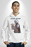 Mandalorian ve Baby Yoda Star Wars Erkek Kadın Beyaz Dijital Baskılı Kapüşonlu Sweatshirt Hoodie