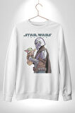 Mandalorian ve Baby Yoda Star Wars Erkek Kadın Unisex Dijital Baskılı Beyaz Sweatshirt