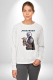 Mandalorian ve Baby Yoda Star Wars Erkek Kadın Unisex Dijital Baskılı Beyaz Sweatshirt