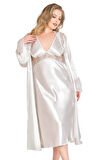 Büyük Beden Ekru Uzun İkili Saten Sabahlık Gecelik Takımı