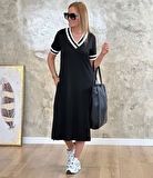 Reka Moda Kadın Kısa Kollu V Yaka Kol Ve Yaka Ribana Detay Midi Boy Viskon Elbise