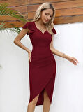Reka Moda QKadın Kısa Kollu Kalp Yaka Yanlardan Büzgü Detay Midi Janjan Krep Elbise