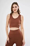 Reka Moda Fitilli Baskılı Crop - Kahve