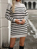 Reka Moda Kadın Uzun Kollu Yarım Balıkçı Yaka çizgilitriko Mini Boy Elbise (kemersiz)
