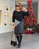 Reka Moda Kadın Uzun Kollu Bisiklet Yaka üç Parça Deri Ve Kazayağı Detay üç Iplik Kumaş şardonsuz Elbise