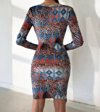 Reka Moda Kadın Uzun Kollu V Yaka Leopar Etnik Desen Fırsat ürün Mini Kruvaze Elbise