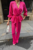 Reka Moda SATEN KRUVAZE BAĞLAMALI BLUZ- PANTOLON TAKIM - Fuşya