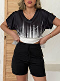 Reka Moda Kadın V Yaka Kısa Kol Kenarları Minik Yırtmaç Detaylı Dalgıç Bluz + Düğme Detaylı Dalgıç şort