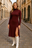Reka Moda Kadın Uzun Kollu Balıkçı Yaka Derin Yırtmaç Detay Krep Elbise