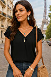Reka Moda Kadın Kısa Kollu önü Düğmeli V Yaka Aerobin Bluz