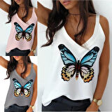 Reka Moda Kadın Kelebek Baskılı Sandy Kumaş Askılı Bluz