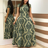 Reka Moda Kadın Kısa Kollu Bisiklet Yaka Puantiyeli Maksi örme Krep Elbise