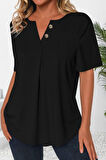 Reka Moda Kadın Kısa Kollu çentikli V Düğme Detaylı V Yaka önden Pileli Ithal Keten Bluz