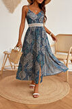 Reka Moda Kadın Ip Askılı V Yakalı Bel Güpür çiçek Desenli Yandan Yırtmaçlı Maksi Süprem Elbise