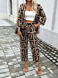 Reka Moda Kadın Uzun Kollu önü Açık Desenli Iki Iplik Ceket Ve Pantolon Ikili Takım