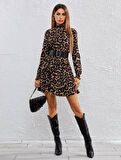 Reka Moda Kadın Yarım Balıkçı Yaka Uzun Kollu Leopar Desen Mini Elbise