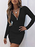 Reka Moda Kadın Uzun Kollu önden Fermuarlı Mini Kaşkorse Elbise