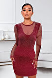 Reka Moda Kadın Uzun Kollu Yuvarlak Yaka Dekolteli Taşlı Dalgıç Elbise