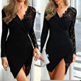 Reka Moda Kadın Uzun Kollu Tek Kolu Dantel Detay V Yakalı Yırtmaçlı Dalgıç Elbise