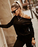 Reka Moda Kadın Siyah Uzun Kollu Tek Omuzu Açık Kadifetakım