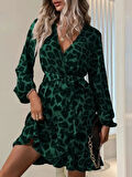 Reka Moda Kadın Uzun Kollu Kruvaze Yaka Beden Kuşaklı çapraz Kesim Detaylı Leopar Modal Mini Elbise