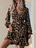 Reka Moda Kadın Uzun Kollu Kruvaze Yaka Belden Kuşaklı çapraz Kesim Detaylı Leopar Modal Mini Elbise