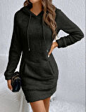Reka Moda Kadın Uzun Kollu Kapşonlu Cepli Mini Peluş Elbise