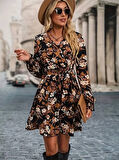 Reka Moda Kadın Uzun Kollu Kruvaze Yaka çiçek Desenli Dalgıç Elbise