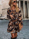 Reka Moda Kadın Uzun Kollu Kruvaze Yaka çiçek Desenli Dalgıç Elbise