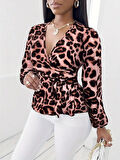 Reka Moda Kadın Uzun Kollu Kruvaze Yakalı Belden Kuşaklı Leopar Desenli Süprem Bluz