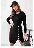 Reka Moda Kadın Siyah Uzun Kollu Bisiklet Yaka Yan Yırtmaç Düğme Detay Kısa Kaşkorse Elbise