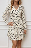 Reka Moda Kadın Uzun Kollu V Yakalı Desenli Kısa Keten Elbise
