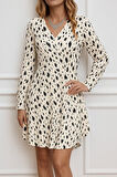 Reka Moda Kadın Uzun Kollu V Yakalı Desenli Kısa Keten Elbise