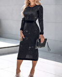 Reka Moda Kadın Uzun Kollu Bisiklet Yaka Taşlı Midi Kadife Elbise