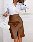 Reka Moda Kadın Yüksek Bel Yırtmaçlı Mini Deri Etek