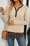Reka Moda Kadın Uzun Kollu Yakadan Düğmeli Leopar Detaylı Kaşkorse Bluz
