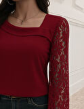 Reka Moda Kadın Uzun Kollu Asimetrik Yakalı Dantelli Ithal Krep Bluz