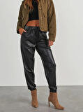 Reka Moda Kadın Yüksek Bel Lastikli önü Düğmeli Deri Pantolon