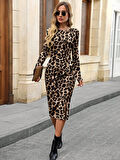 Reka Moda Kadın Uzun Kollu Bisiklet Yaka Leopar Desenli Modal Midi Elbise