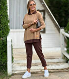 Reka Moda Kadın Kahve Kapşonlu Etek Ucu Detay Arma Ters Dikiş Gorunumlu Ikili Takım