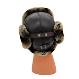 Gerçek Tavşan Kürklü Ushanka Deri Pilot Şapka Ayarlanabilir Tokalı Kışlık Outdoor Şapka Rex Model