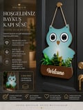 Baykuş Figürlü Welcome Kapı Süsü Yapay Çiçekli Ahşap Kapı Dekoru Ev Giriş Süsü (23 cm)