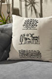 Hitit Desen El Baskısı Kırlent Kılıfı 2 Li Set 45x45 Cm %100 Organik Hambez Kumaş