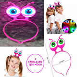 Led Işıklı Pilli 3 Farklı Modda Yanan Uzaylı Göz Parti Tacı Pembe Renk 18x12 cm