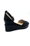 Summer  Hakiki Deri  Kadın Siyah Platform Sandalet