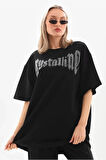 Unisex Taş Desenli Oversize T-Shirt - Siyah