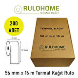 RULOHOME 56x16 Termal Pos Rulosu & Yazarkasa Kağıdı 1 Koli (20paket / 200 Rulo)