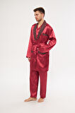 Bordo Erkek Ropdöşambır ve Saten Pijama Takımı 4'lü Set - 2XL