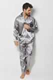 Gri Erkek Ropdöşambır ve Saten Pijama Takımı 4'lü Set - S